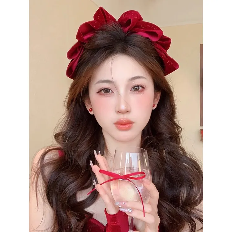 红色云朵丝绒大蝴蝶结头饰发夹女新春弹簧夹半扎发发夹后脑勺顶夹