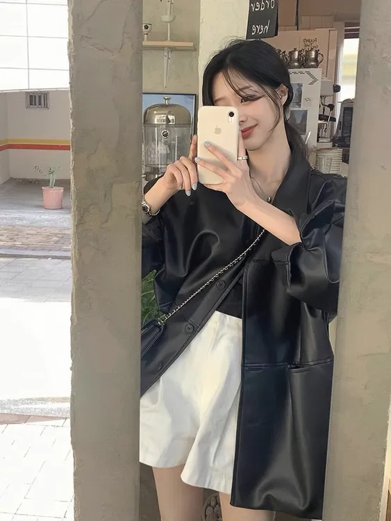 丁达尔穿搭黑色pu皮衣外套女夹克2024新款爆款设计感美式复古高级