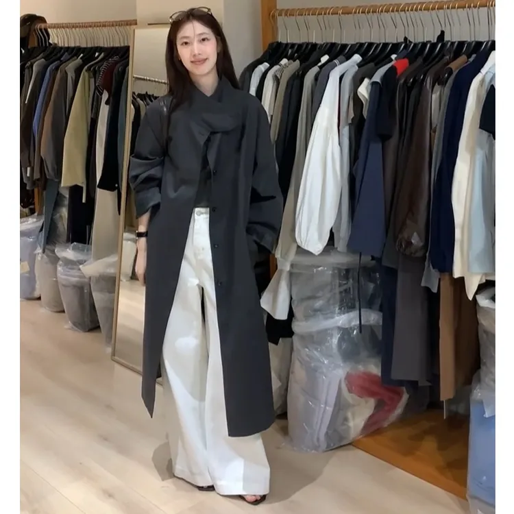 休闲立领黑色风衣外套女2024春秋新款小个子早秋赫本风长款高个子