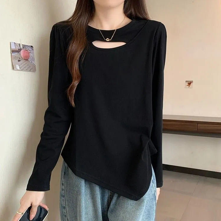 棉质设计感镂空正肩长袖T恤女秋冬新款大码胖mm遮肚子显瘦上衣潮