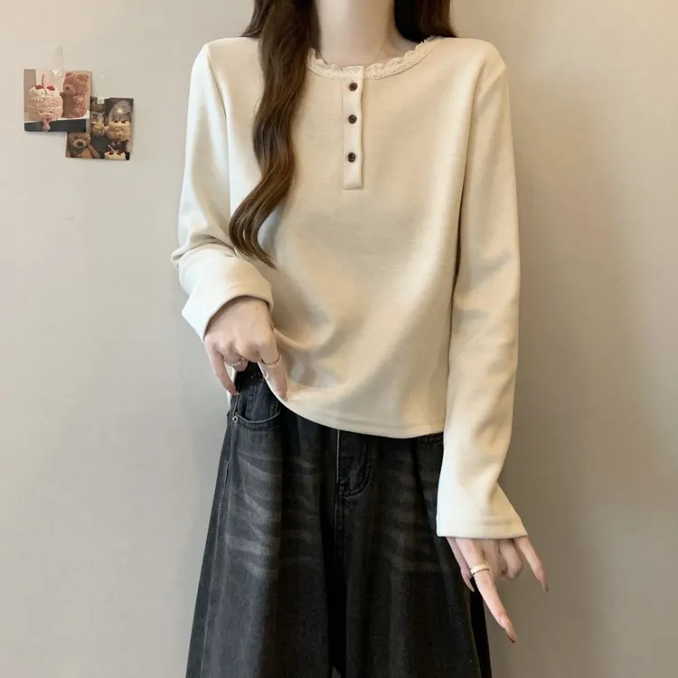 大码女装秋冬甜美气质柔软花边拼接打底衫上衣女T恤胖mm2025新款