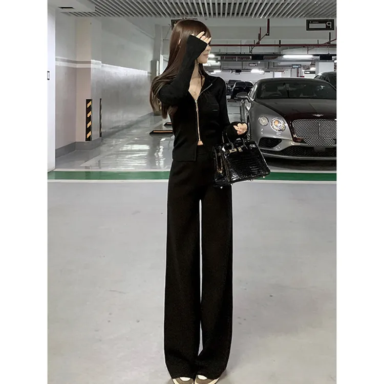 小香风设计感小众辣妹炸街连帽针织上衣套装秋季新款阔腿裤两件套