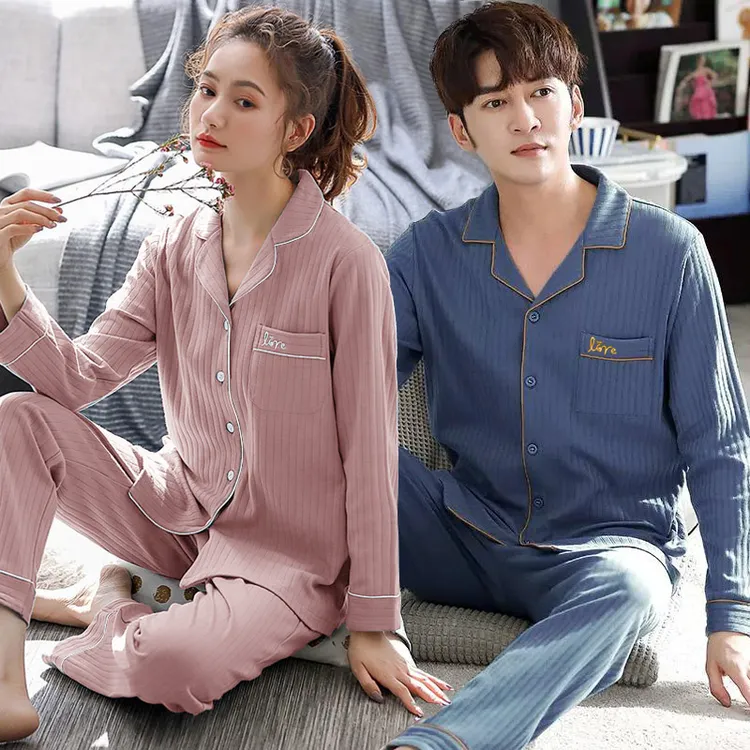 中青年男女个性情侣睡衣春秋季长袖开衫100%纯棉睡衣家居服