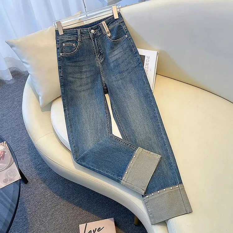 妙臻秋季新款高腰牛仔裤女九分裤直筒裤女百搭显瘦小个子爆款2266