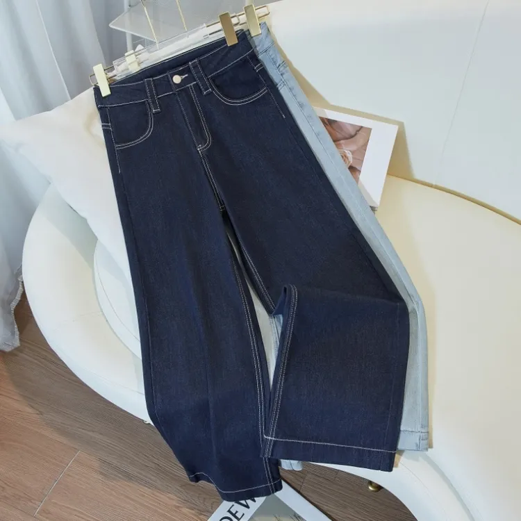 妙臻丹宁蓝直筒九分裤牛仔裤女秋季新款显瘦小个子宽松阔腿裤2202