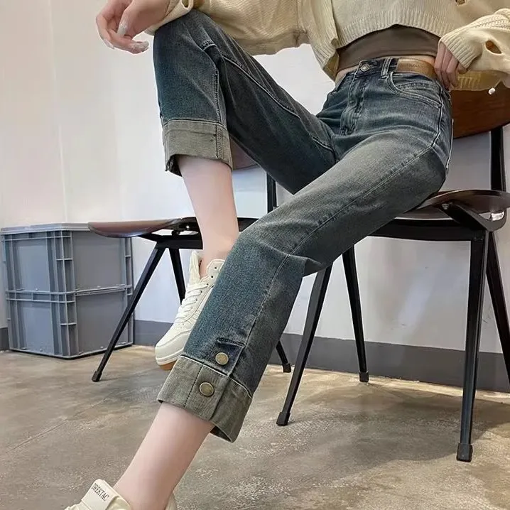 妙臻2025春秋季高腰烟管裤牛仔裤女九分裤女直筒百搭显瘦修身8773