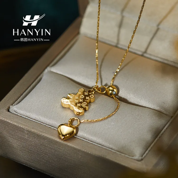 HANYIN/韩茵 钛钢项链 时尚经典老花设计小熊抽拉爱心流苏项链ins