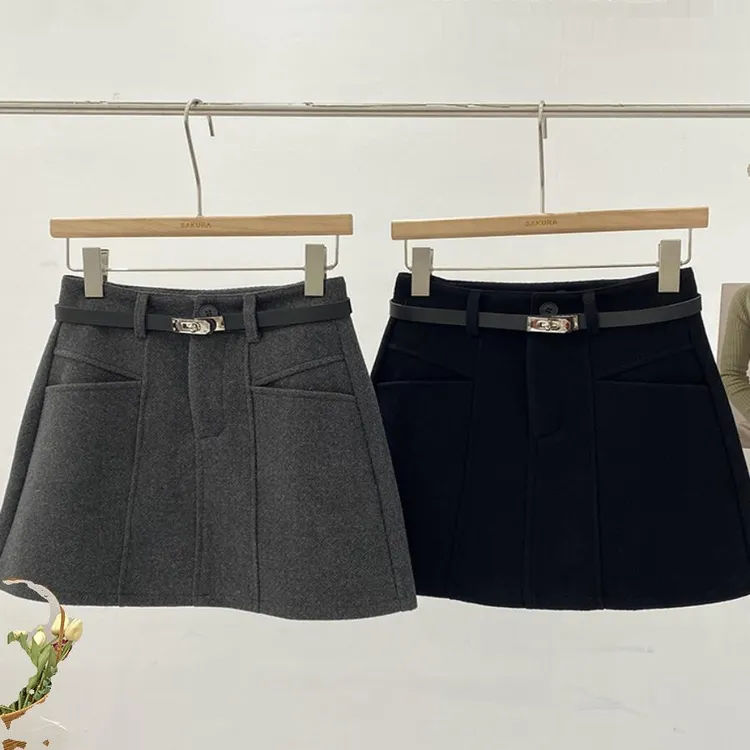 配皮带高腰加厚灰色毛呢a字半身裙女2024冬季韩版百搭防走光短裙