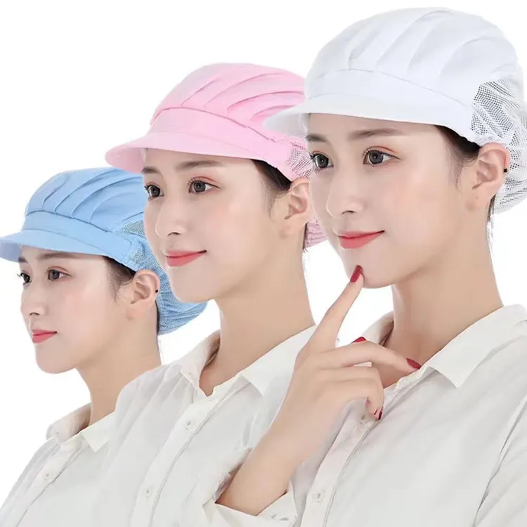 工作帽子女厨房透气防尘食品厂车间工厂卫生帽半网布料白色厨师帽