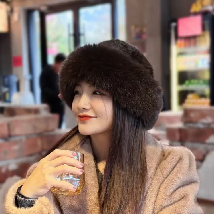 【樂意】水貂毛帽子女冬季狐狸毛皮草帽冬季时尚保暖盆帽帽子女冬季