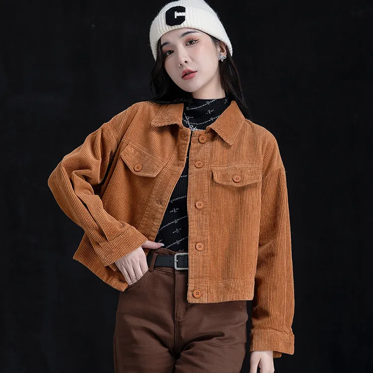 美拉德穿搭灯芯绒短款外套女款2025春秋新款复古时尚条绒夹克上衣