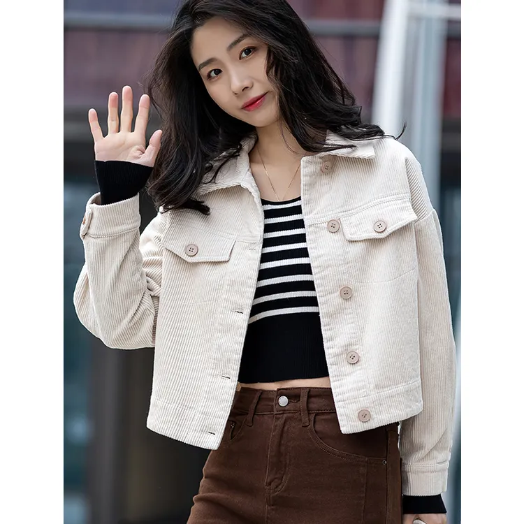 米白色高档灯芯绒外套女爆款2025新款秋冬小个子上衣短款条绒夹克