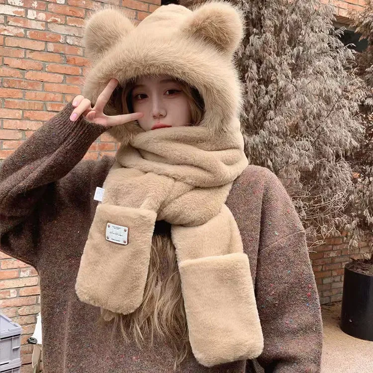 冬季加厚保暖毛绒小熊韩版骑车防寒帽子女2025新款爆款洋气