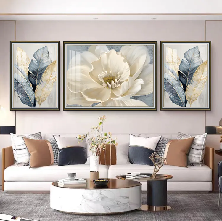 钢化玻璃手工实物装饰画三联画高级轻奢风格立体