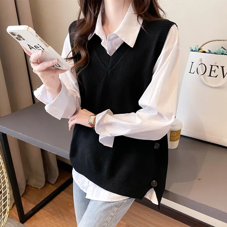 侧排扣纯色针织马甲背心女士春秋2025新款宽松V领叠穿马夹坎肩潮