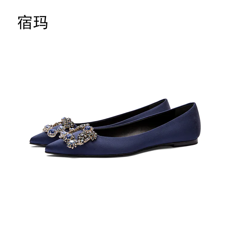 深蓝色绸缎方扣水钻低跟2025年新款尖头浅口百搭通勤气质OL平底鞋