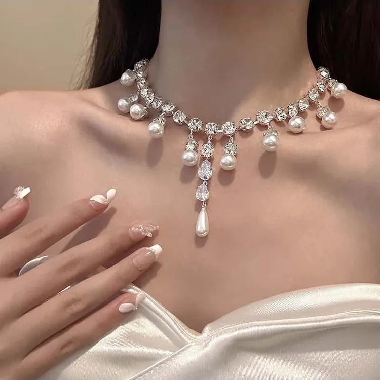 合金锆石项链 超闪水滴锆石珠珠流苏项链女轻奢高级感颈链锁骨链