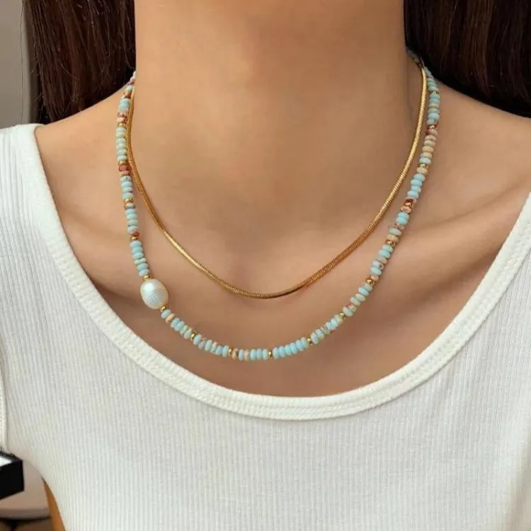 合金仿珍珠项链 珠珠彩色串珠项链女款轻奢小众新中式锁骨颈链女 