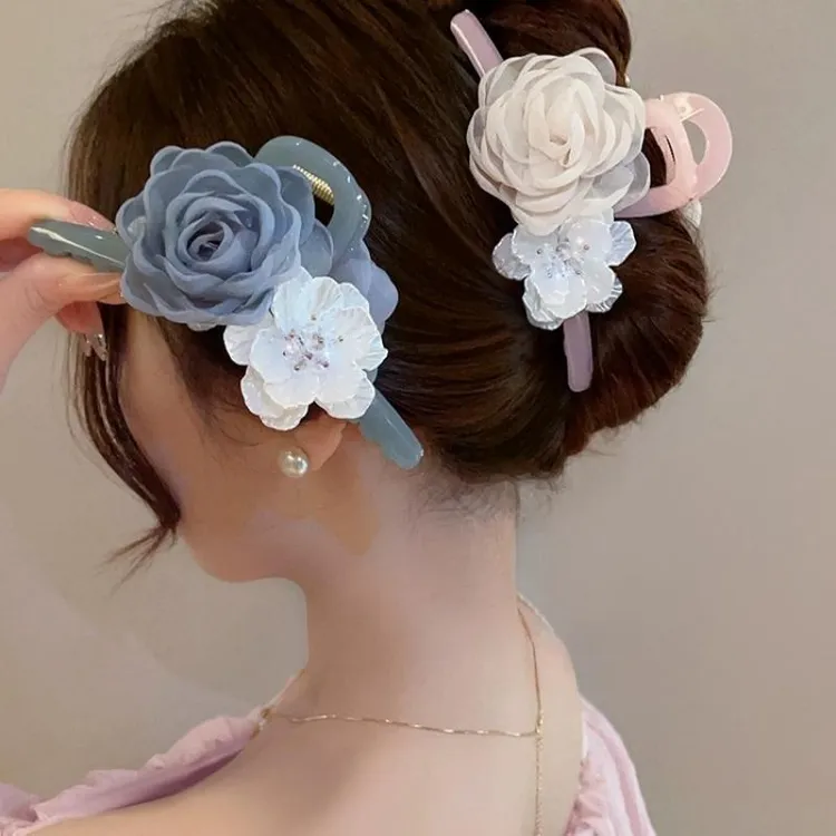 花开淡墨痕~网纱花朵发夹抓夹女2024新款高级感鲨鱼夹发卡头饰夏