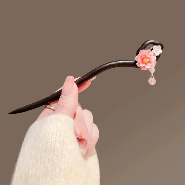 牡丹花流苏檀木发簪女新款简约古风手工盘发簪子步摇国风汉服发钗