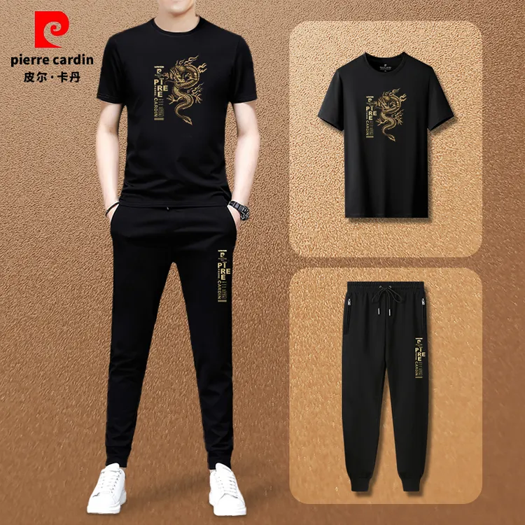 皮尔卡丹新款时尚圆领凉感莫代尔棉半袖套装男士休闲显瘦大码长裤