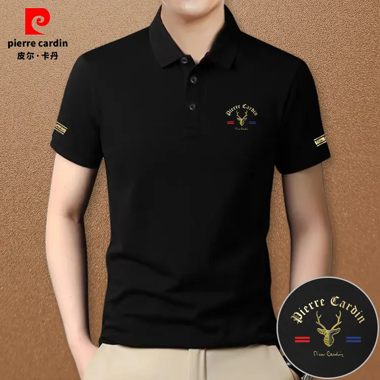 皮尔卡丹新款中青年商务翻领短袖男装大码休闲小鹿印花百搭半袖夏