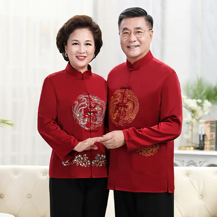 春夏情侣装唐装男中老年长袖爸爸婚礼服老人爷爷奶奶过寿衣服