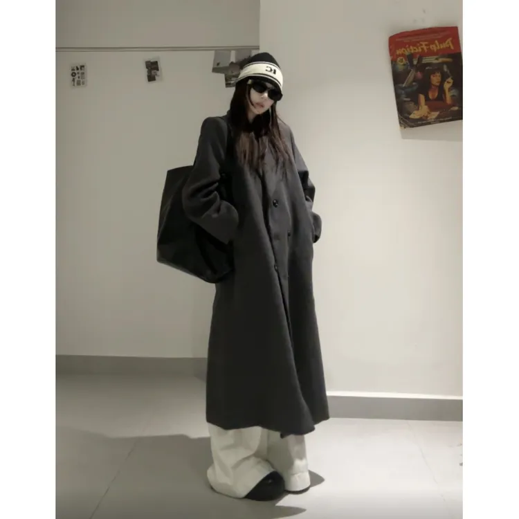 韩版ins复古大衣女秋冬新款高级感气质黑色呢子宽松西装毛呢外套