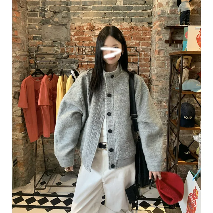 2025新款立领浅灰色夹棉毛呢短外套女冬新款百搭高级感棉服上衣女