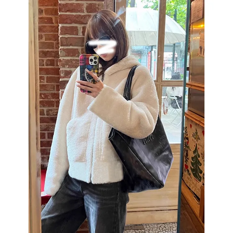 韩版咩咩毛绒连帽外套女冬季新款韩系甜美宽松夹棉加厚保暖上衣女