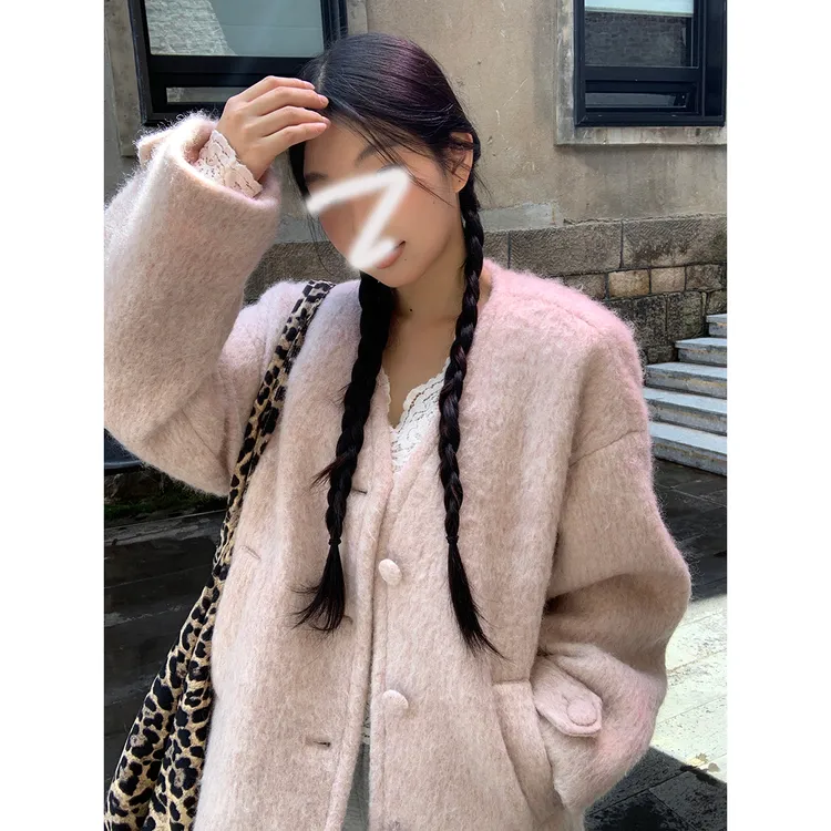 时尚羊毛大衣女秋冬高级感新款呢子短款粉色小香风夹棉毛呢外套