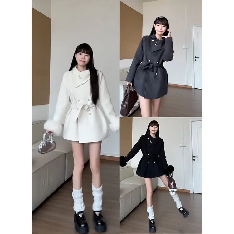 新款韩国东大门韩系气质御姐翻领设计收腰毛袖毛呢外套上衣女