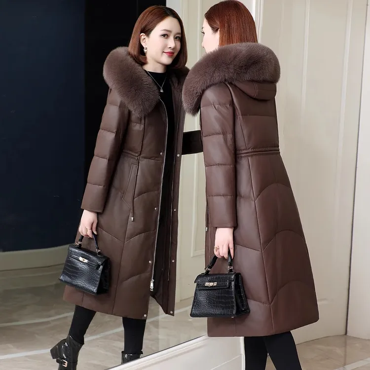 海宁真皮羽绒服女皮衣2025冬季新款中长款绵羊皮妈妈鸭绒保暖外套