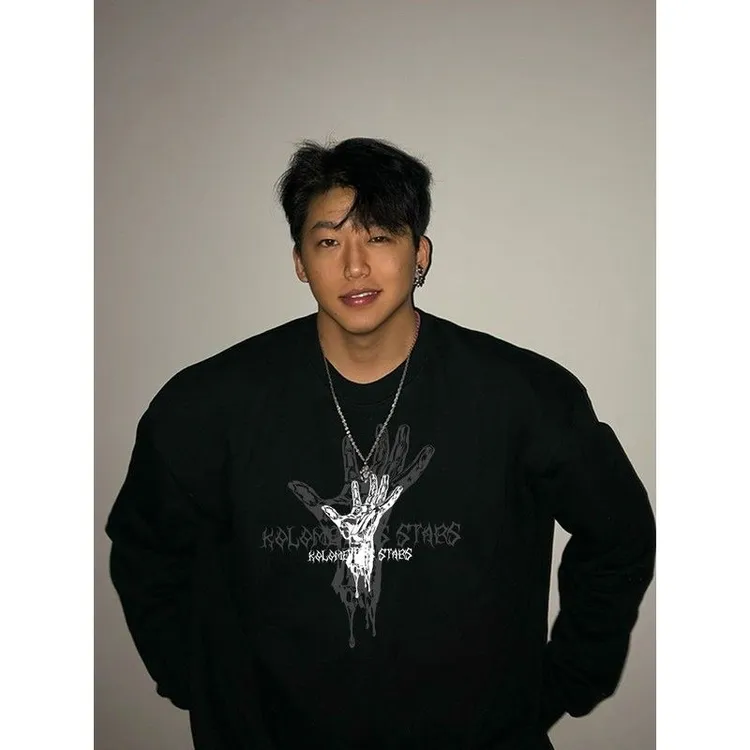 潮牌美式圆领套头加绒加厚卫衣秋冬季宽松字母印花长袖上衣