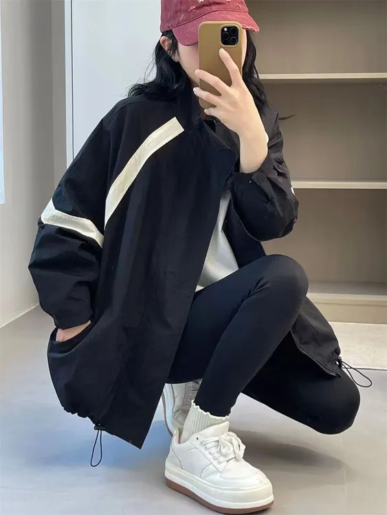 2024春季新款设计感大码微胖MM宽松撞色冲锋衣外套女小众夹克上衣