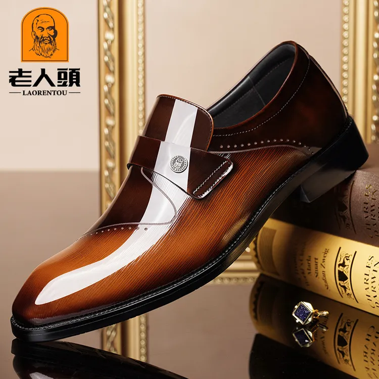 老人头男鞋秋季高端时尚压花商务正装皮鞋男士复古英伦真皮结婚鞋