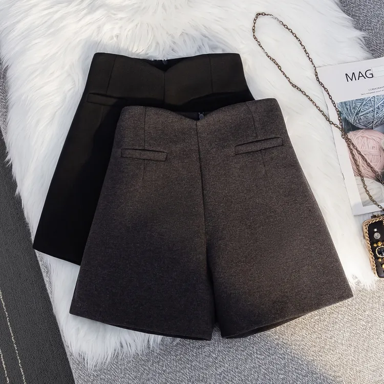 韩系穿搭毛呢短裤女小个子秋冬高腰花苞高级感小众百搭显瘦休闲裤
