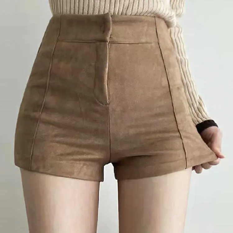 棕色鹿皮绒打底短裤女外穿2024弹力高腰紧身包臀黑色新款休闲