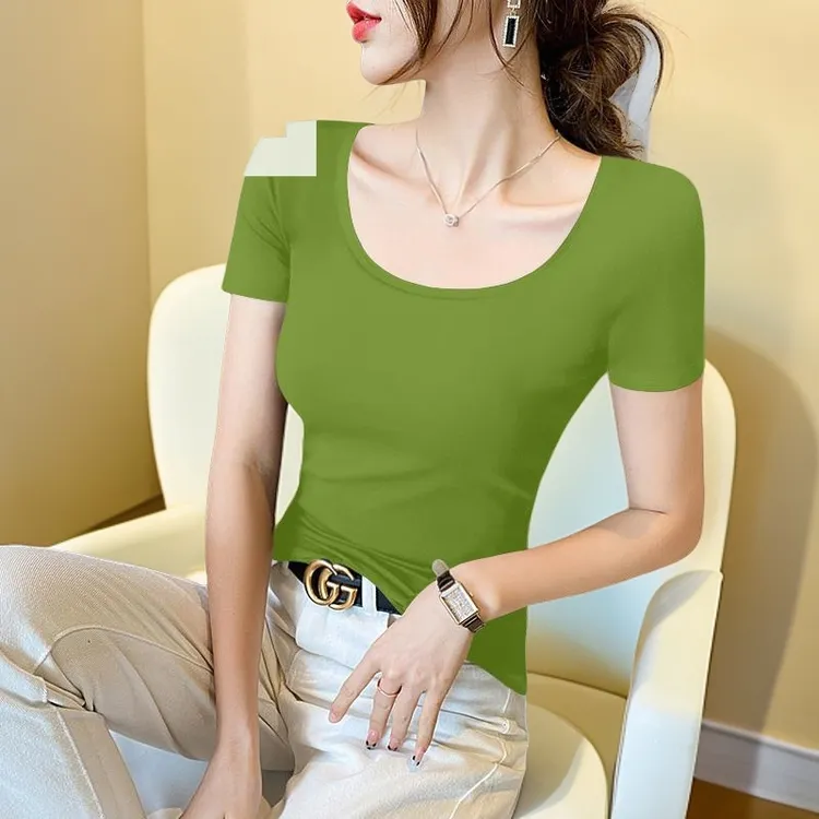 拉夏贝尔高级感牛油果绿短袖T恤女修身时尚低领夏季紧身可外穿