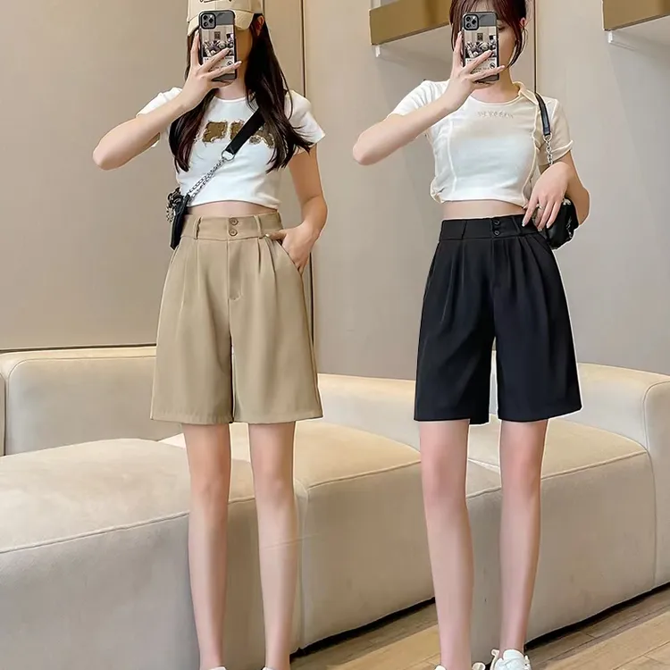 双扣西装短裤女夏季高腰显瘦运动阔腿宽松五分裤A190