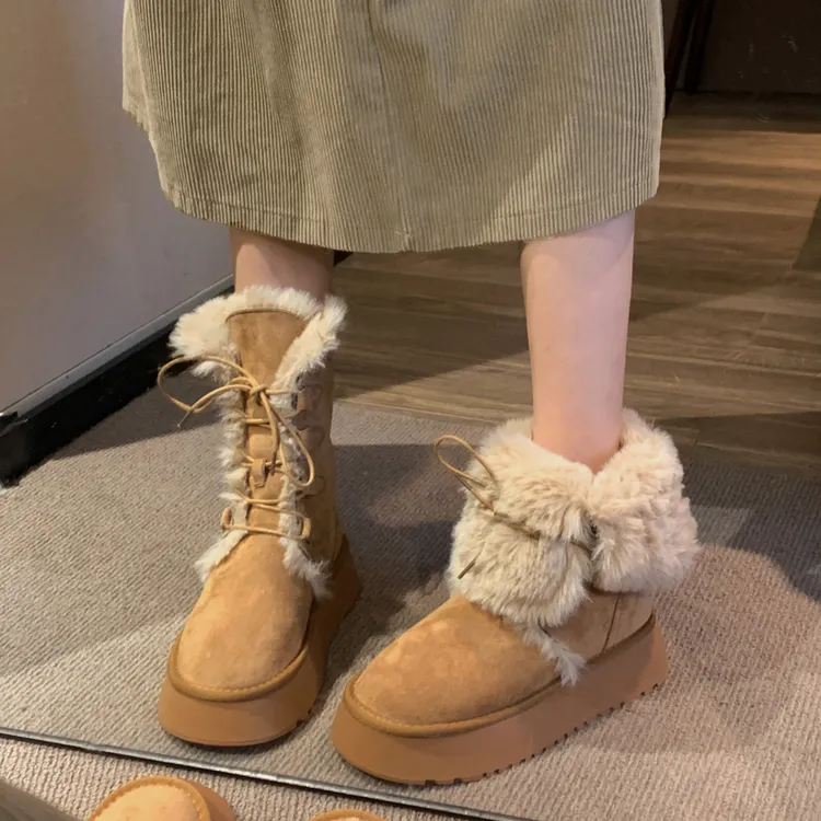【贾不假】卡其加绒雪地靴2025冬季新款时尚流行毛毛加厚底保暖棉鞋