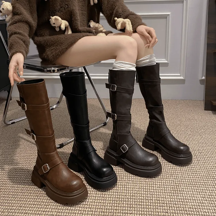 【贾不假】网红长靴女款2025新款美拉德显瘦百搭厚底小个子骑士靴