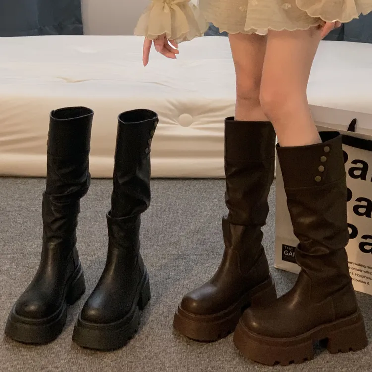 贾不假时装靴女款2024早秋新款小个子百搭厚底舒适长筒复古休闲靴