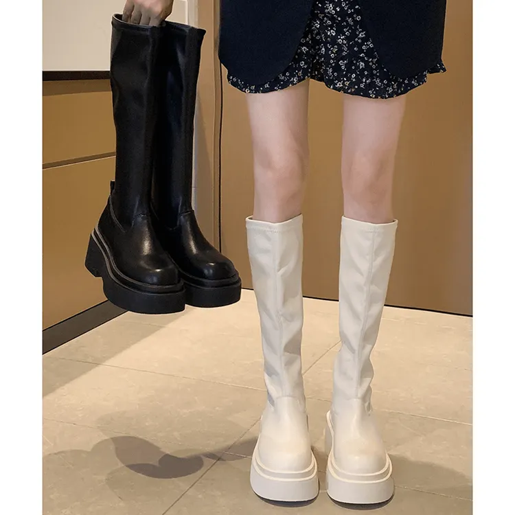 【贾不假】长筒靴女新款秋冬松糕厚底增高百搭小个子不过膝骑士靴