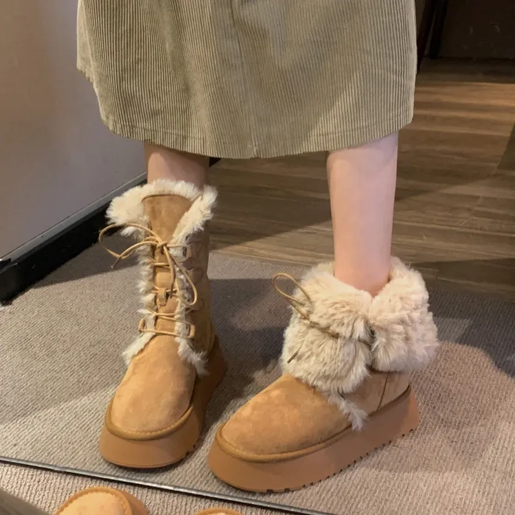 贾不假加绒雪地靴女2025冬季时尚毛毛加厚底保暖棉鞋