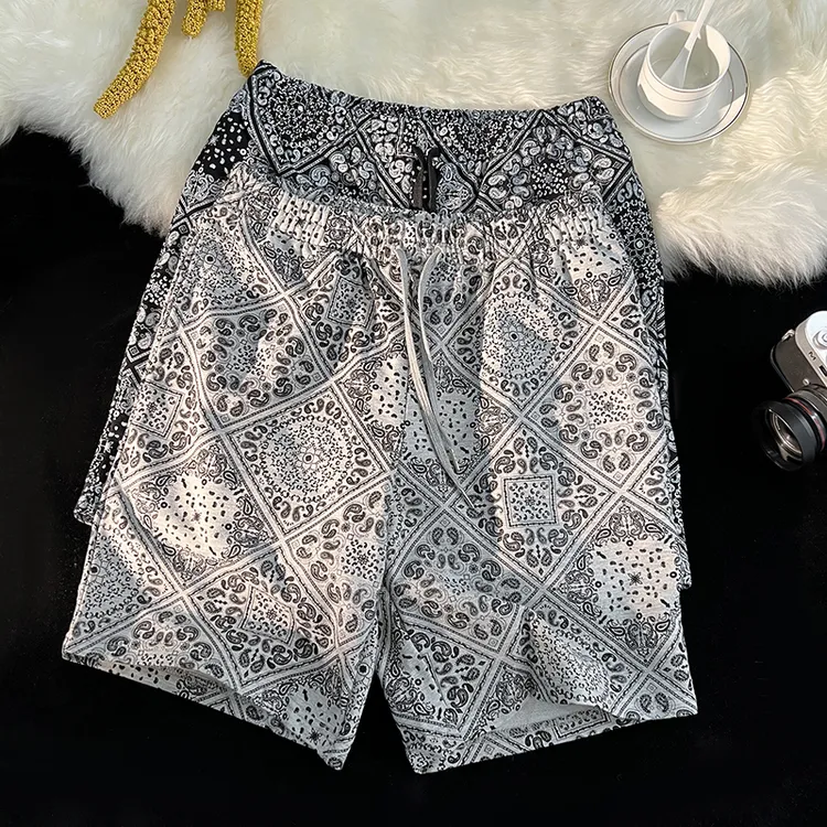 清货特价国潮腰果花嘻哈情侣短裤男五分裤宽松运动沙滩裤子ins