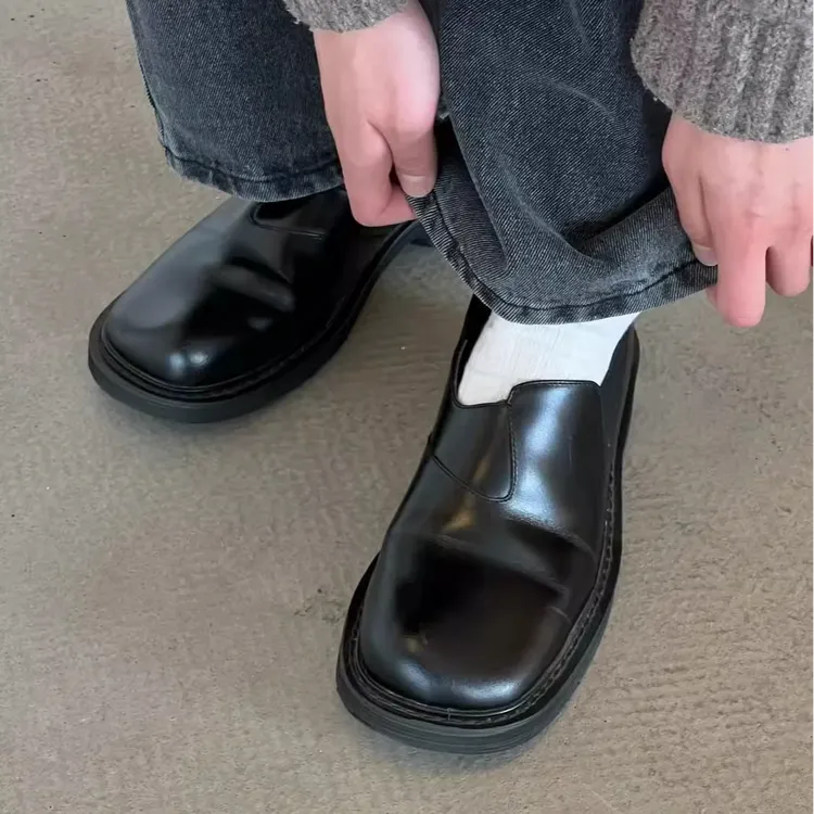 通勤平底套脚德比鞋新款高低趾橡筋黑色男懒人一脚蹬乐福鞋男休闲