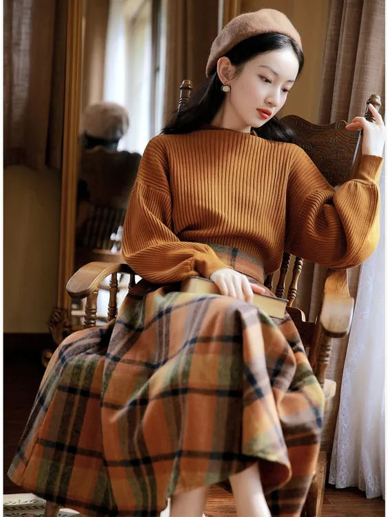 秋冬季复古港风两件套女美拉德风百搭毛衣英伦格纹毛呢半身裙套装