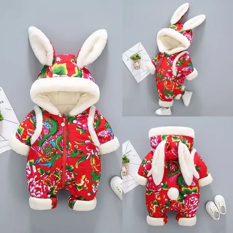 【沫沫家】婴儿连体衣冬季加绒加厚东北大花宝宝保暖拜年服厚棉衣