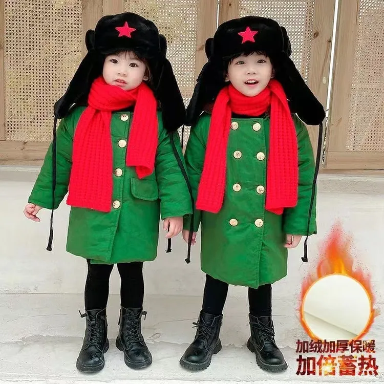 【沫沫家】网红宝宝中长款加绒加厚加棉绿色大衣怀旧保暖棉服洋气